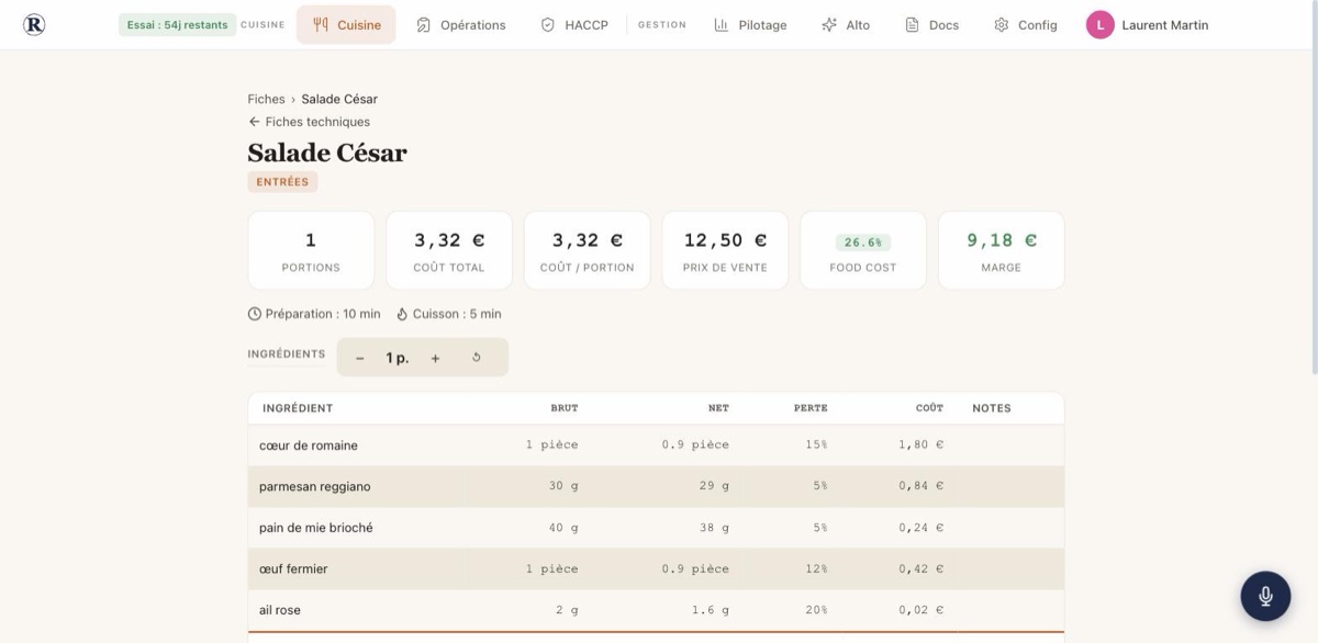Fiche technique avec food cost — RestoSuite