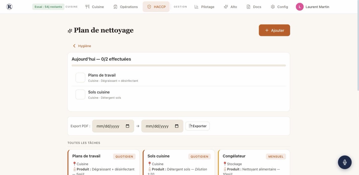 Plan de nettoyage HACCP — RestoSuite