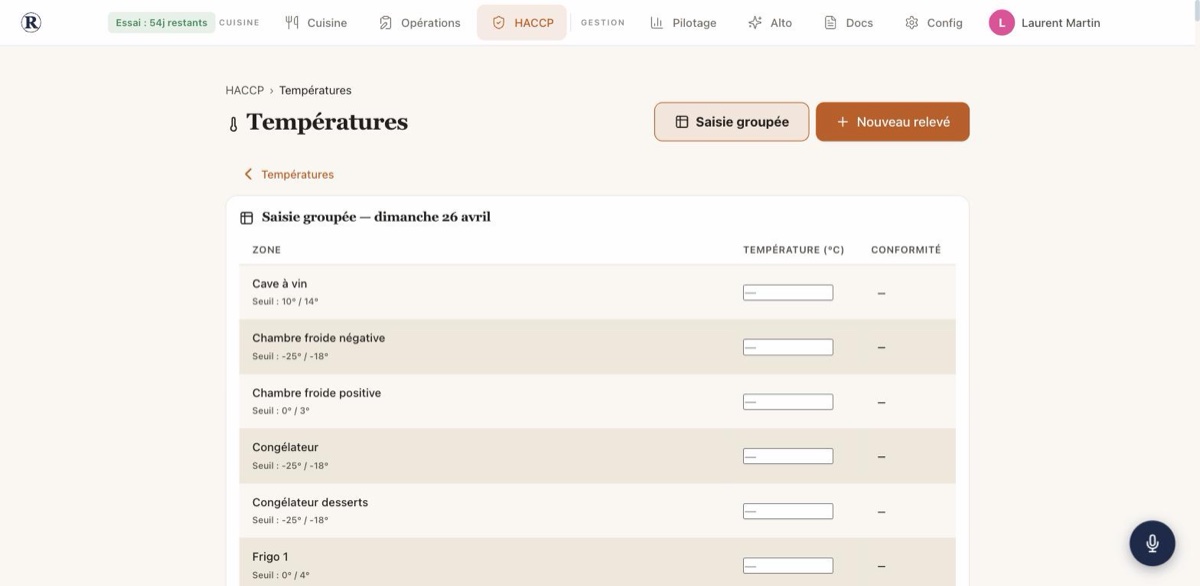 Saisie groupée des températures — RestoSuite