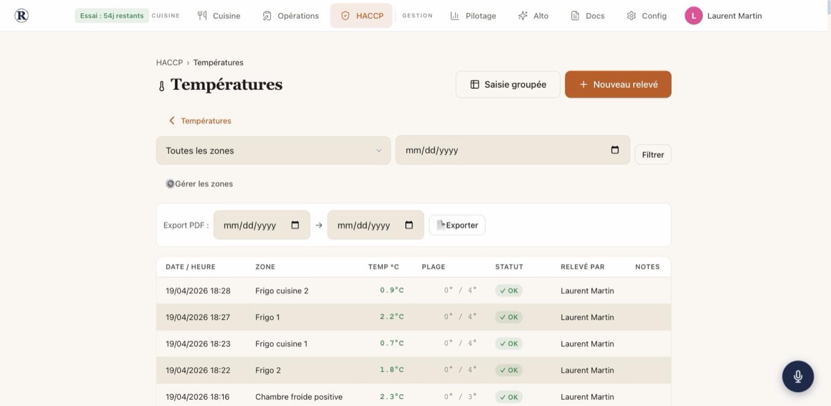 Relevés de température HACCP — RestoSuite