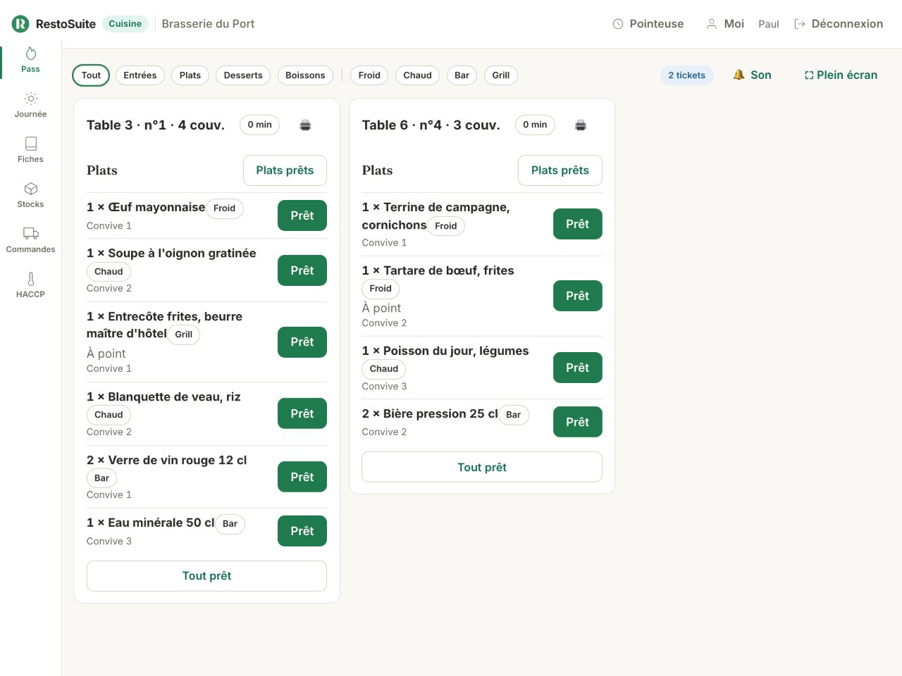 Pass cuisine RestoSuite : tickets par poste, plats prêts